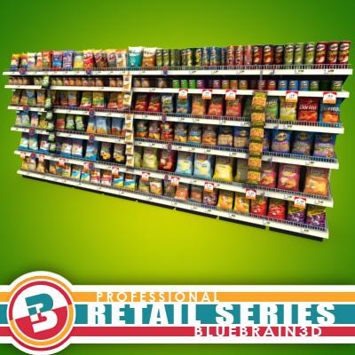 3D Model of Grocery shelves stocked with low poly snack products - 3D Render 0